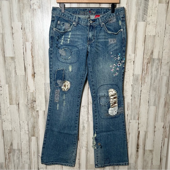 Vanilla Star Patchwork Distressed Floral Flare Low Rise Jeans‎ Womens Size 11 - Picture 2 of 7
